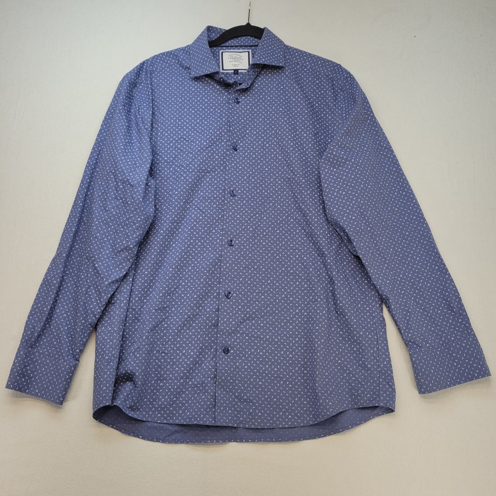 Charles Tyrwhitt Button Down Mens Large Blue Classic Fit Non Iron Floral Cotton‎